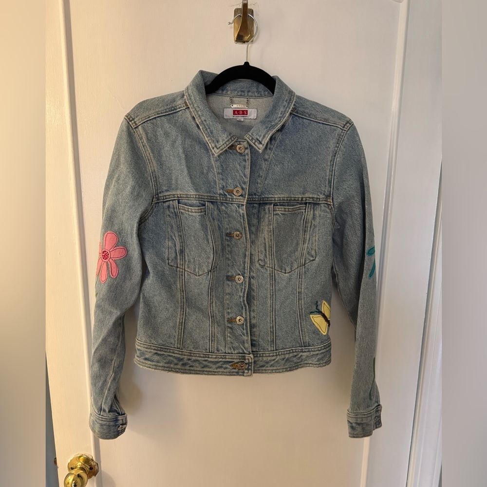 Denim Jacket with Embroidered Colorful Flowers and Butterflies